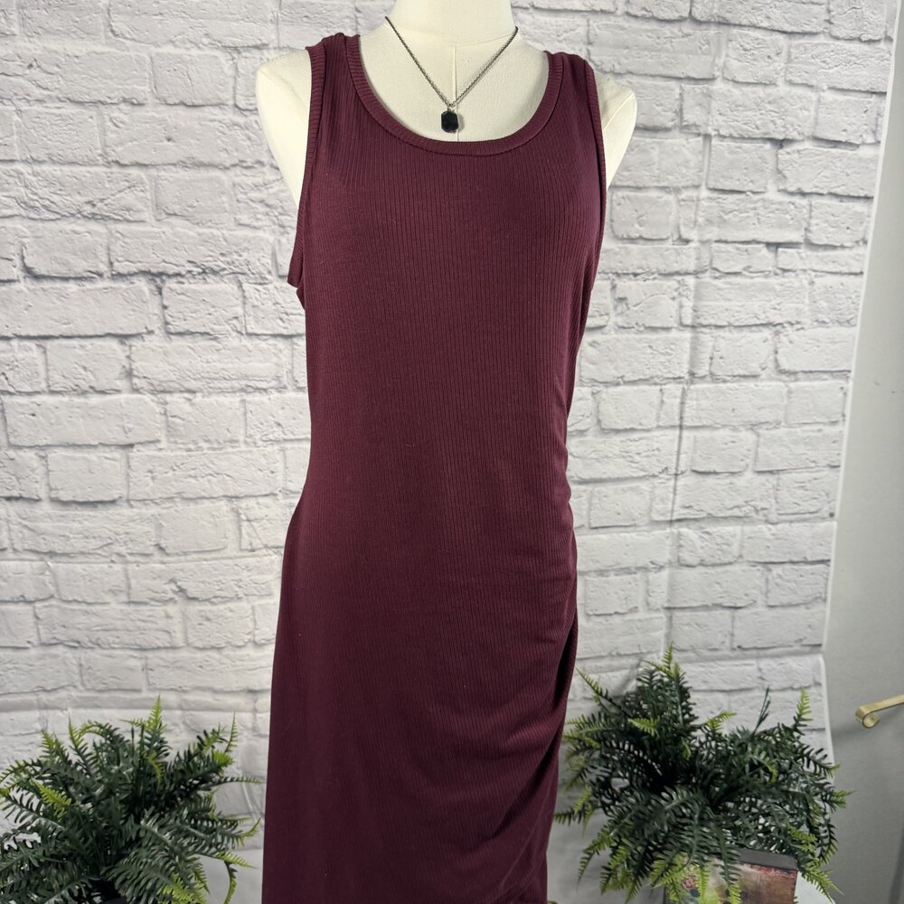 Kaileigh Burgundy Ribbed Side Ruched Midi Tank Dress M Bodycon